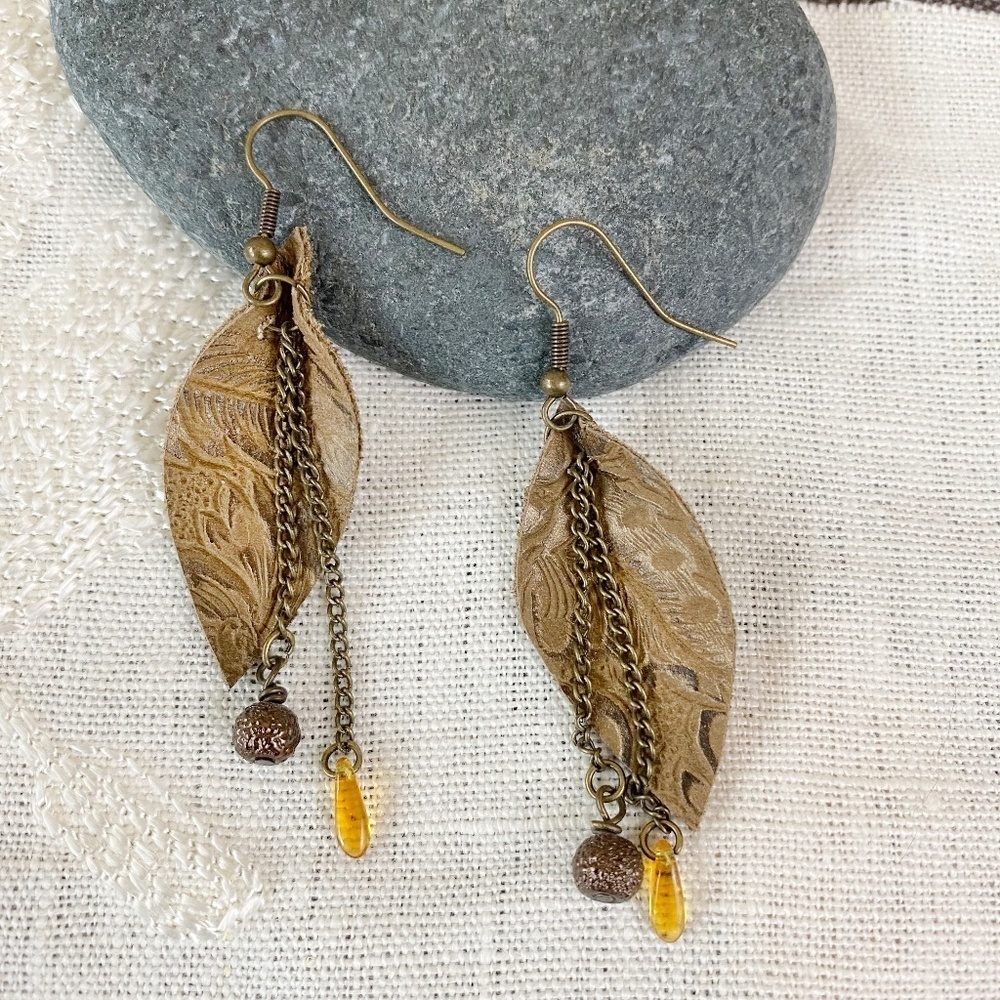 Leather Earrings Orange Glass Bead and chains